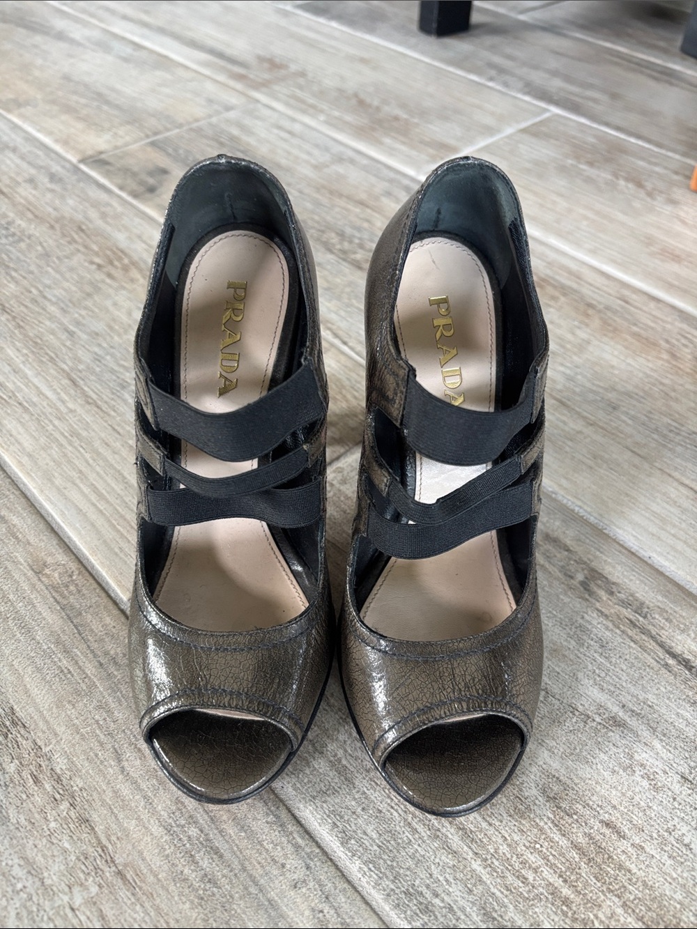 Prada Metallic Bronze Open-Toe Strappy Heels
